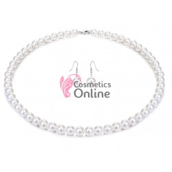 Colier cu cercei AS24MM Argintiu cu perle sidefate Albe